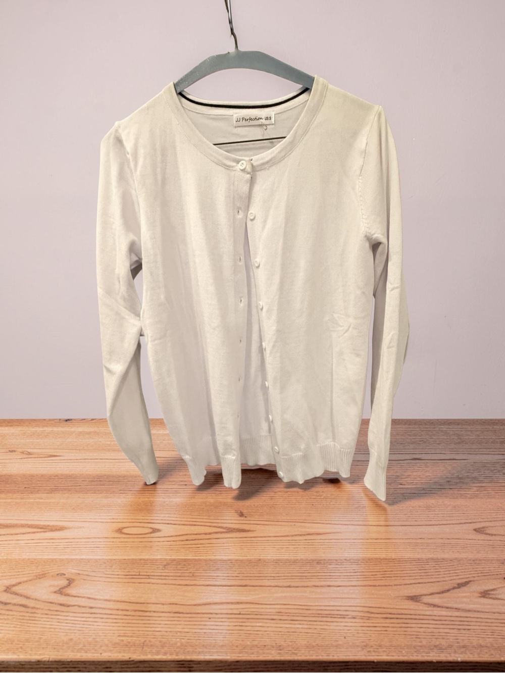 Perfection White Button-Up Cardigan with Black Neck Trim
